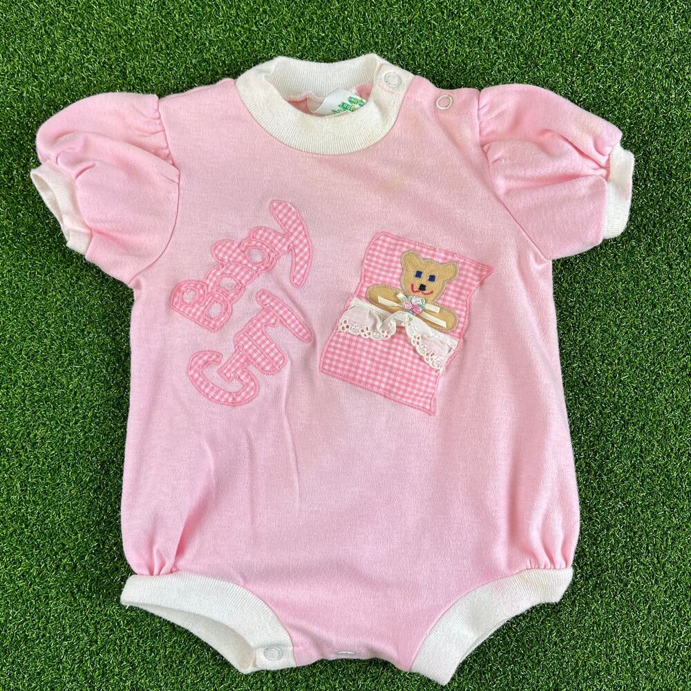 Vintage 1990s Tadpoles Baby Girl Teddy Bear Pink Romper Sz 6M